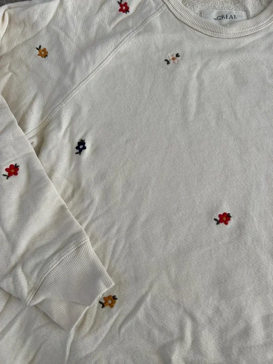 THE GREAT. Cream Crewneck Sweater with Multicolor Embroidered Flowersi - Picture 2 of 3